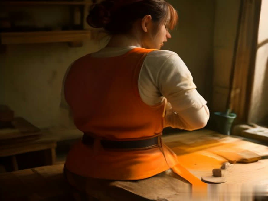 Pintando un cinturón de cuero naranja con brocha sobre una mesa de trabajo
